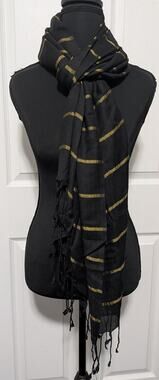 Shawlsmith London Black Soft Scarf Wrap with Gold Metallic Stripes